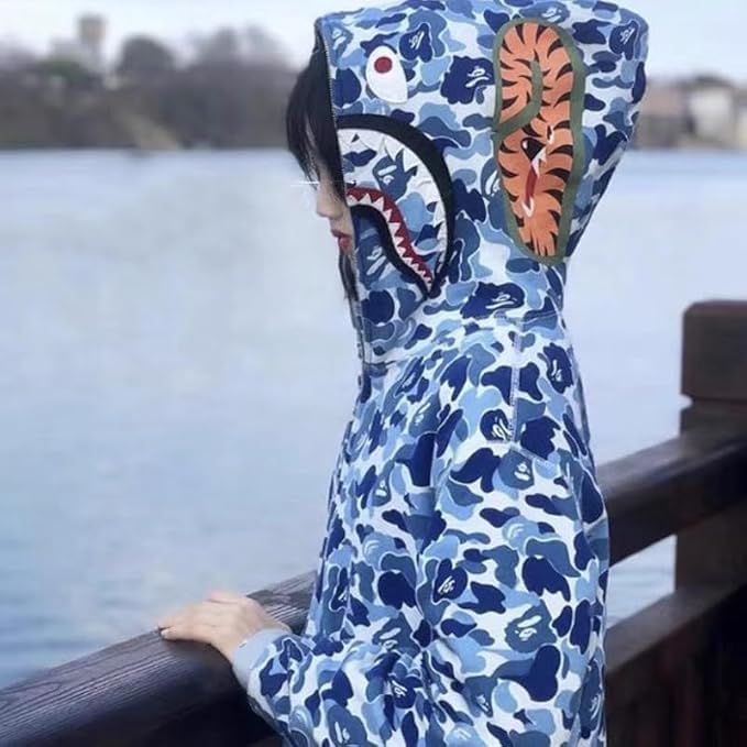 Unisex Shark Embroidery Y2k Zip Up Hoodie Couple Sweatshirts Jacket Asian Size