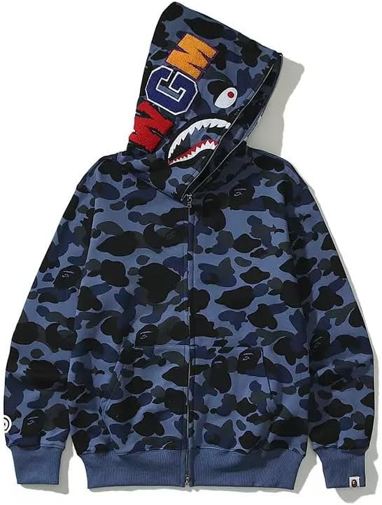 Unisex Shark Embroidery Y2k Zip Up Hoodie Couple Sweatshirts Jacket Asian Size