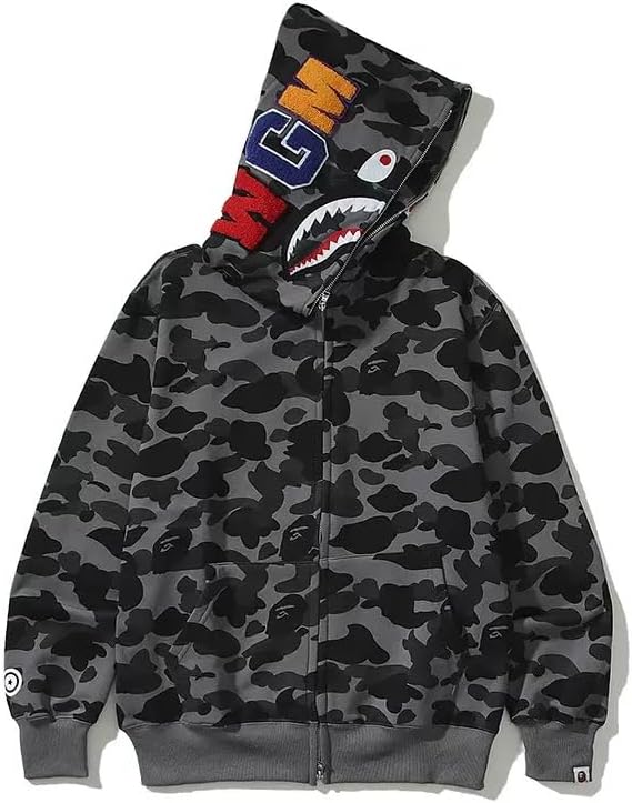 Unisex Shark Embroidery Y2k Zip Up Hoodie Couple Sweatshirts Jacket Asian Size