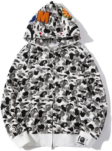 Unisex Shark Embroidery Y2k Zip Up Hoodie Couple Sweatshirts Jacket Asian Size