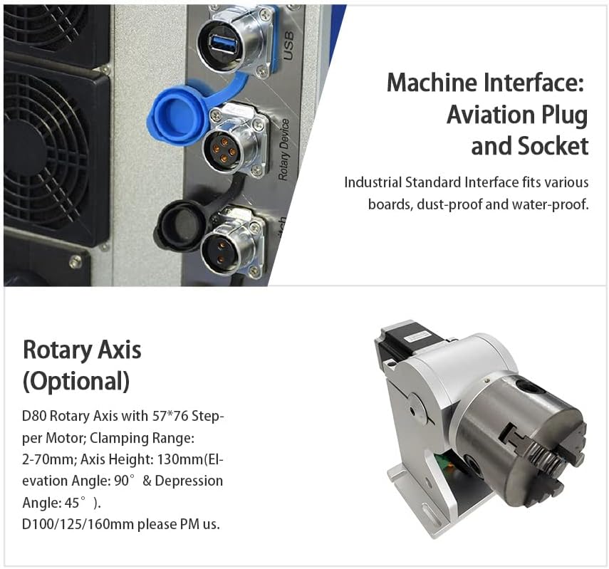 100W(100,000mW) CLASS 4 JPT M7 MOPA Fiber Laser Marking Machine Fiber Laser Engraver Laser Marker 300×300mm with 80mm Rotary Axis and Heightened 800mm Tower Lightburn Compatible