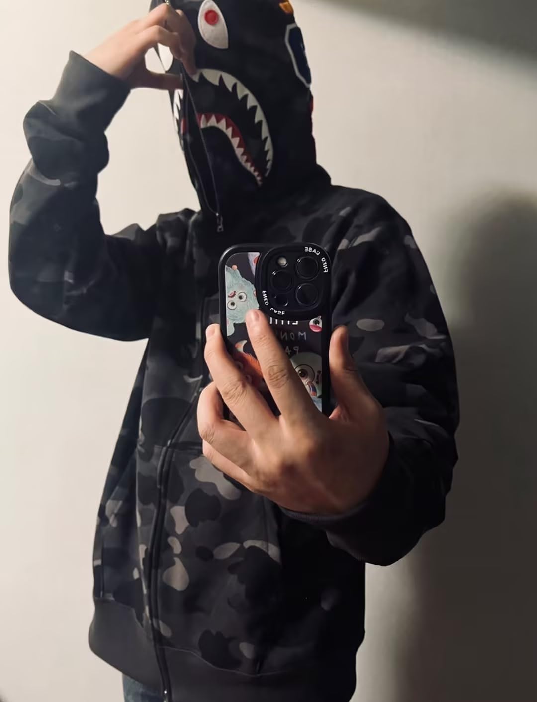 Unisex Shark Embroidery Y2k Zip Up Hoodie Couple Sweatshirts Jacket Asian Size