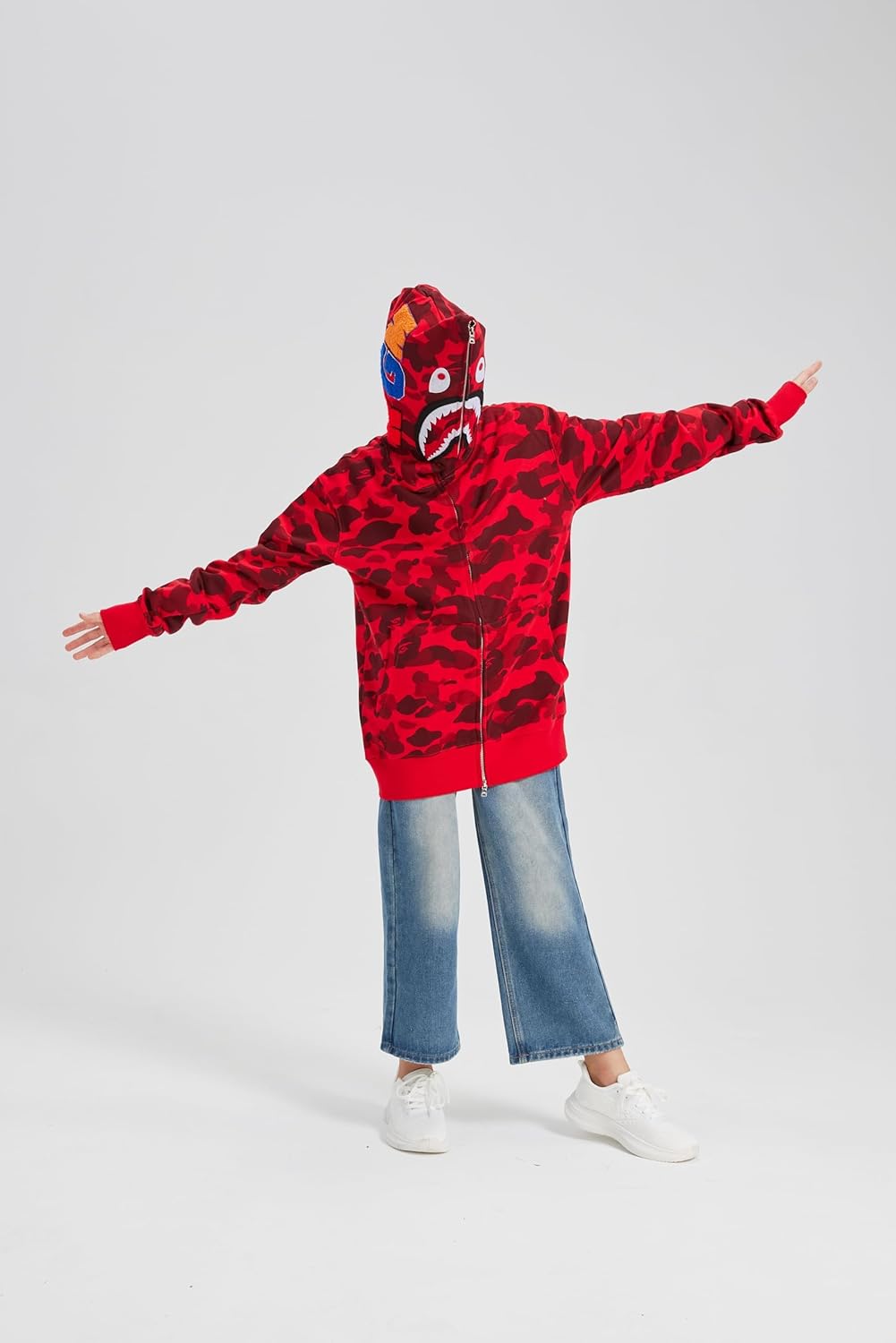 Unisex Shark Embroidery Y2k Zip Up Hoodie Couple Sweatshirts Jacket Asian Size