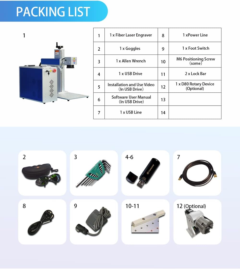 100W(100,000mW) CLASS 4 JPT M7 MOPA Fiber Laser Marking Machine Fiber Laser Engraver Laser Marker 300×300mm with 80mm Rotary Axis and Heightened 800mm Tower Lightburn Compatible