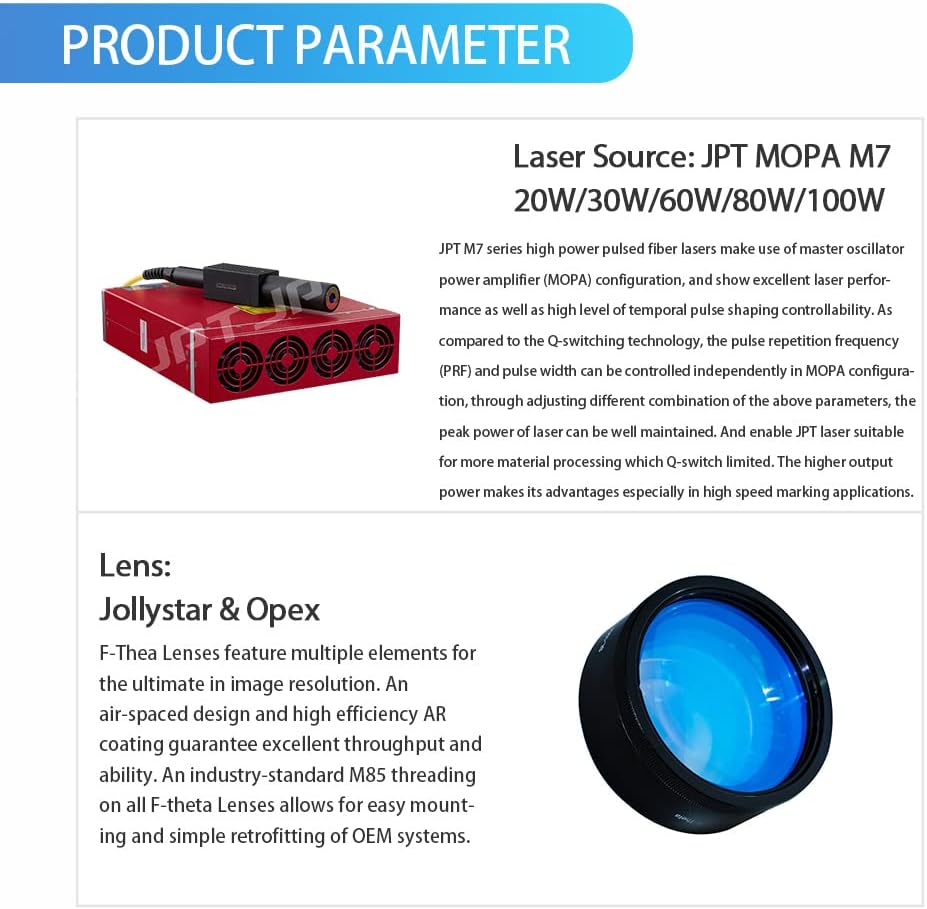 100W(100,000mW) CLASS 4 JPT M7 MOPA Fiber Laser Marking Machine Fiber Laser Engraver Laser Marker 300×300mm with 80mm Rotary Axis and Heightened 800mm Tower Lightburn Compatible
