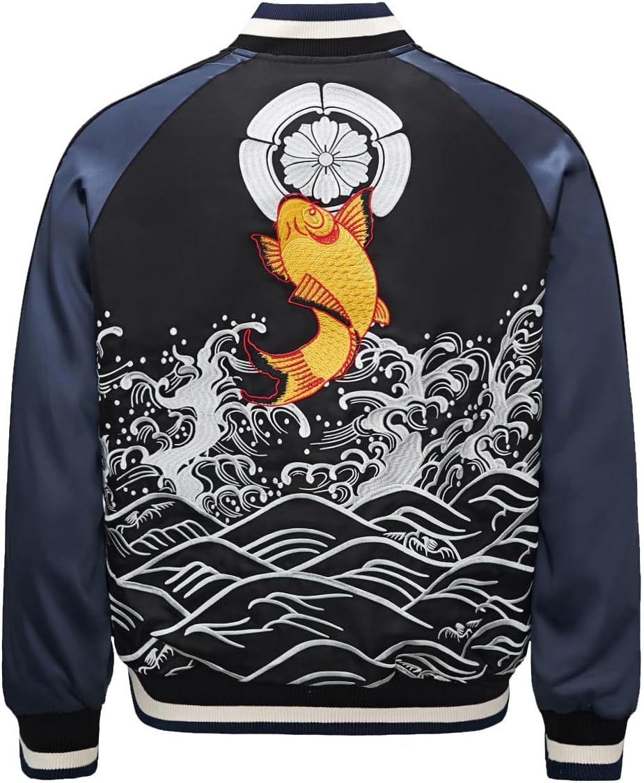 Koi Carp Embroidery Men Bomber Jacket Streetwear Windbreaker Hoodie