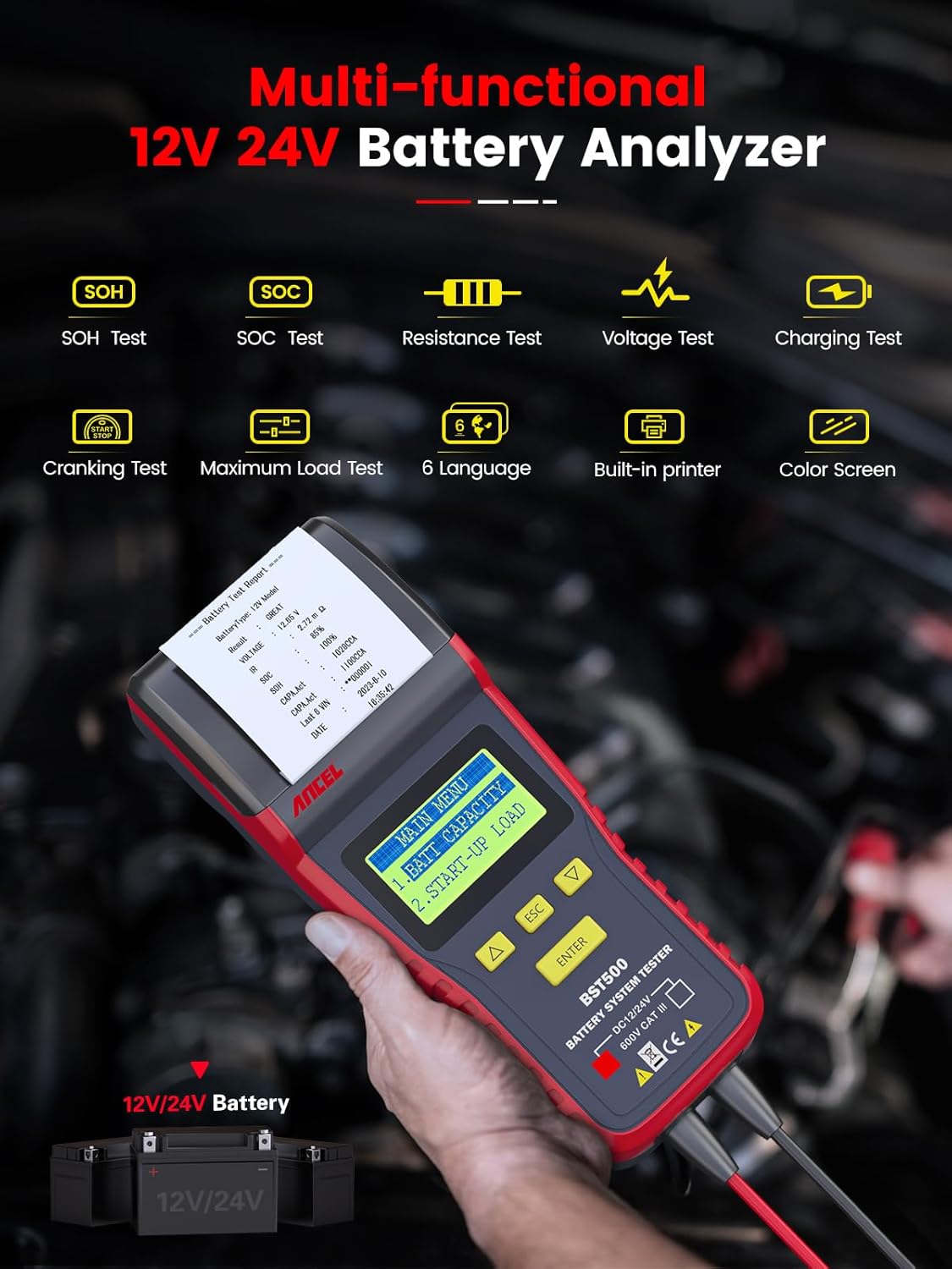 Car Battery Tester with Printer for Motorcycles Truck SUV ATV RV