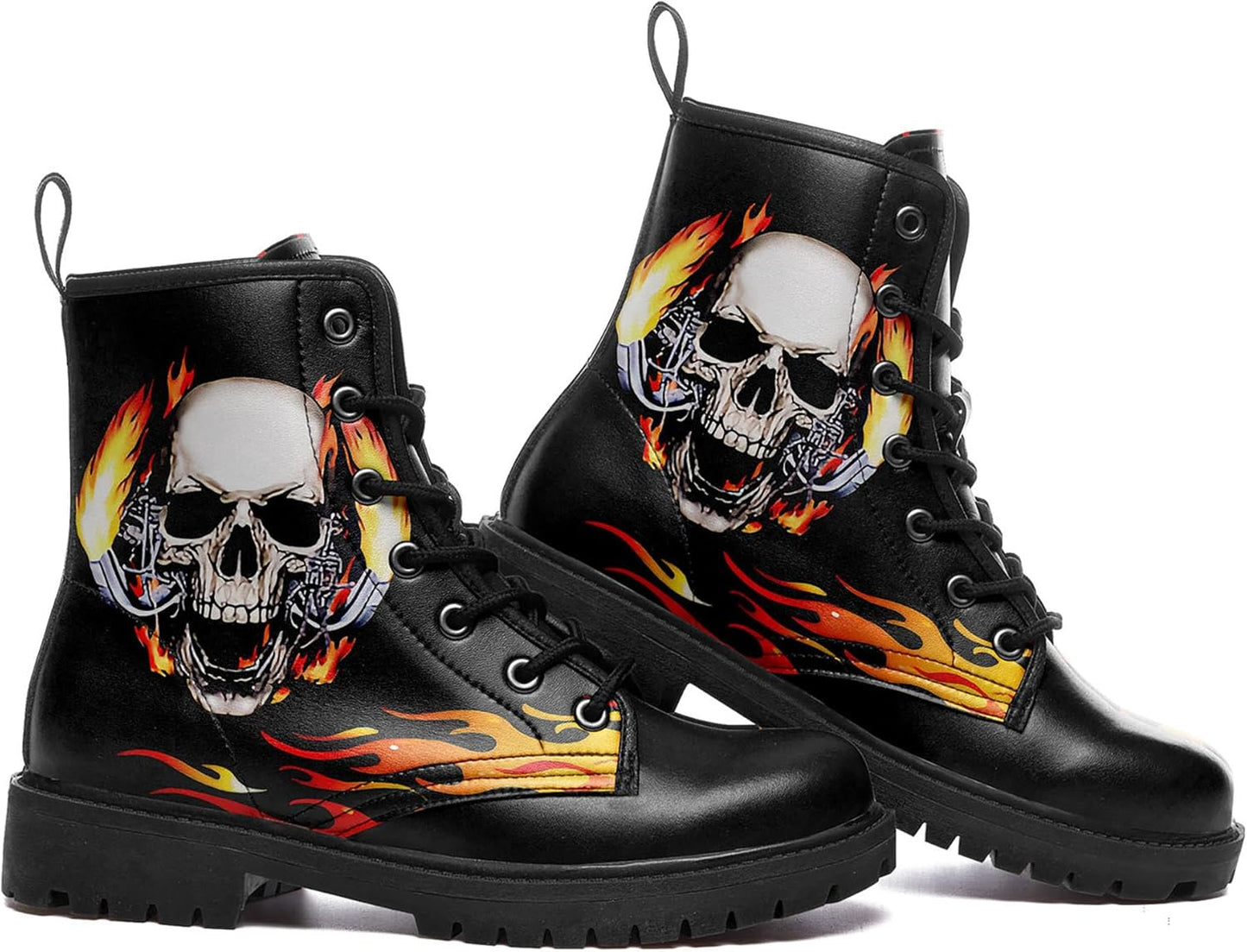 Skull Black Leather Combat Boots Women Mens Motorcycle Boots