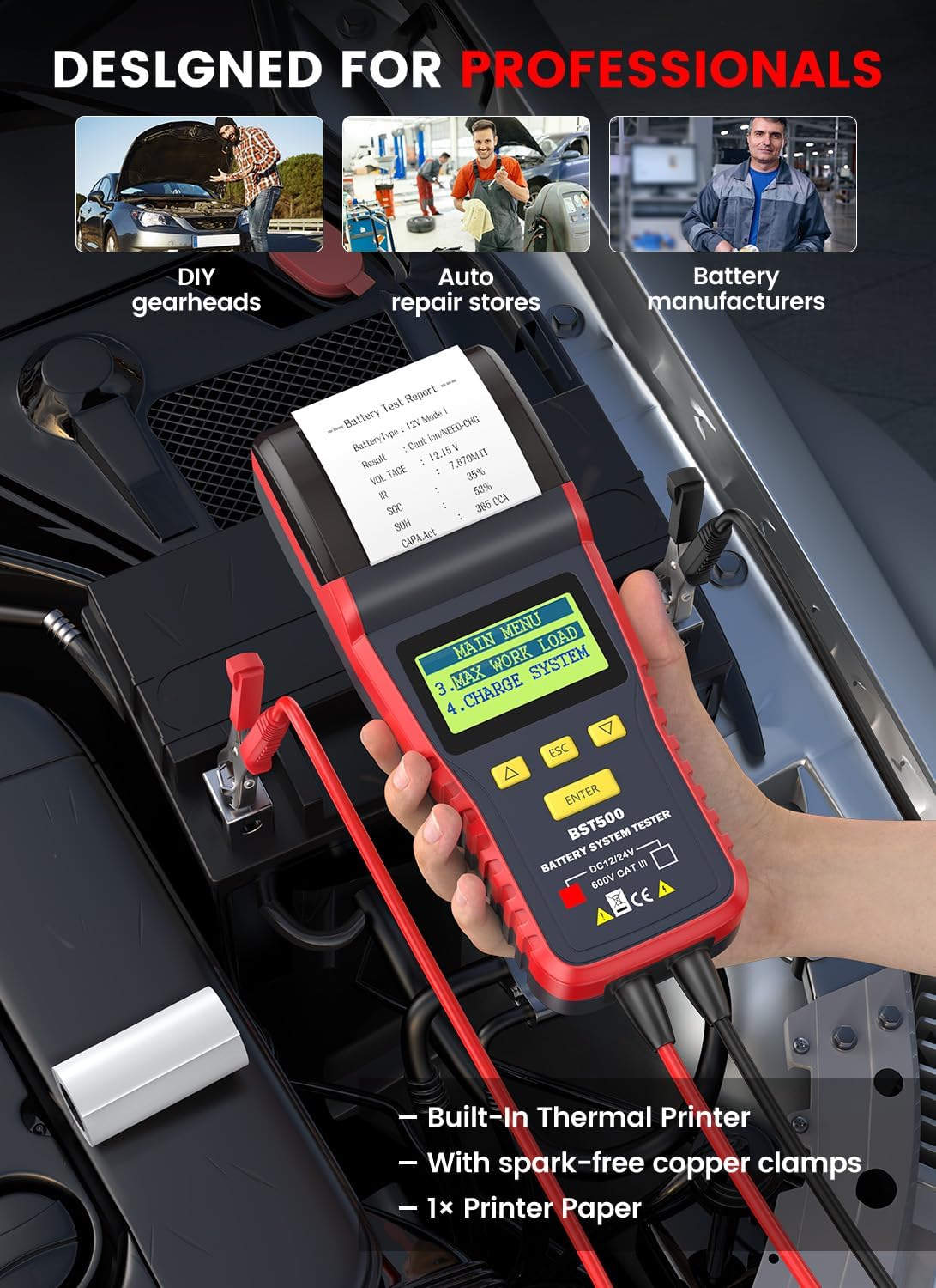 Car Battery Tester with Printer for Motorcycles Truck SUV ATV RV