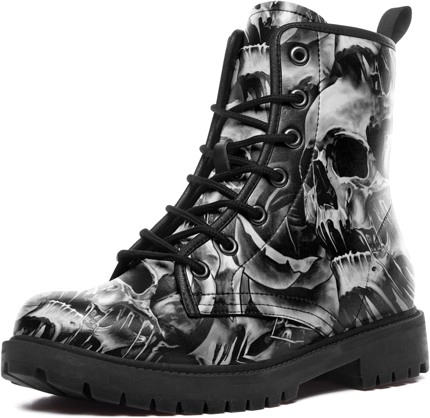 Skull Black Leather Combat Boots Women Mens Motorcycle Boots