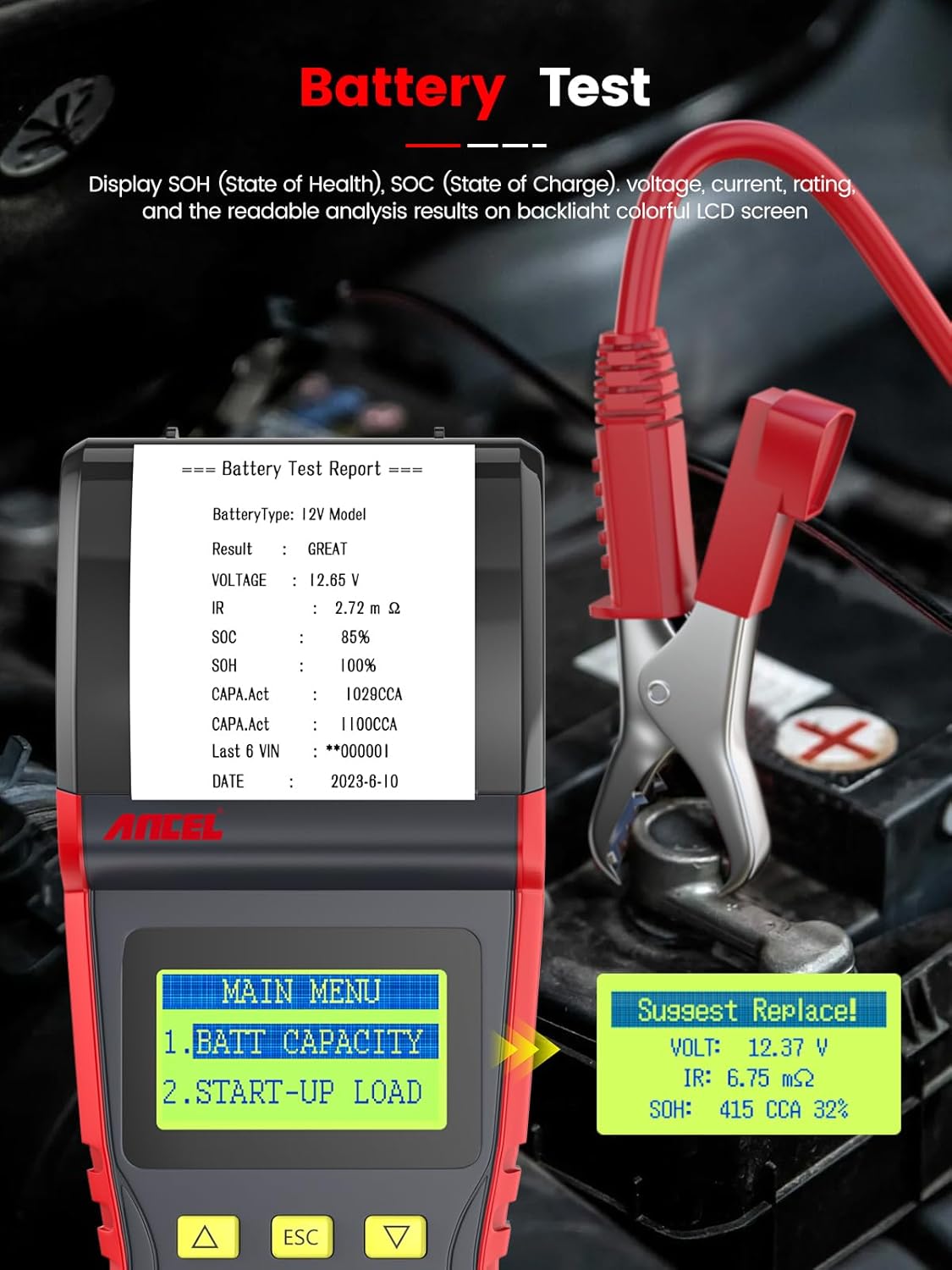 Car Battery Tester with Printer for Motorcycles Truck SUV ATV RV