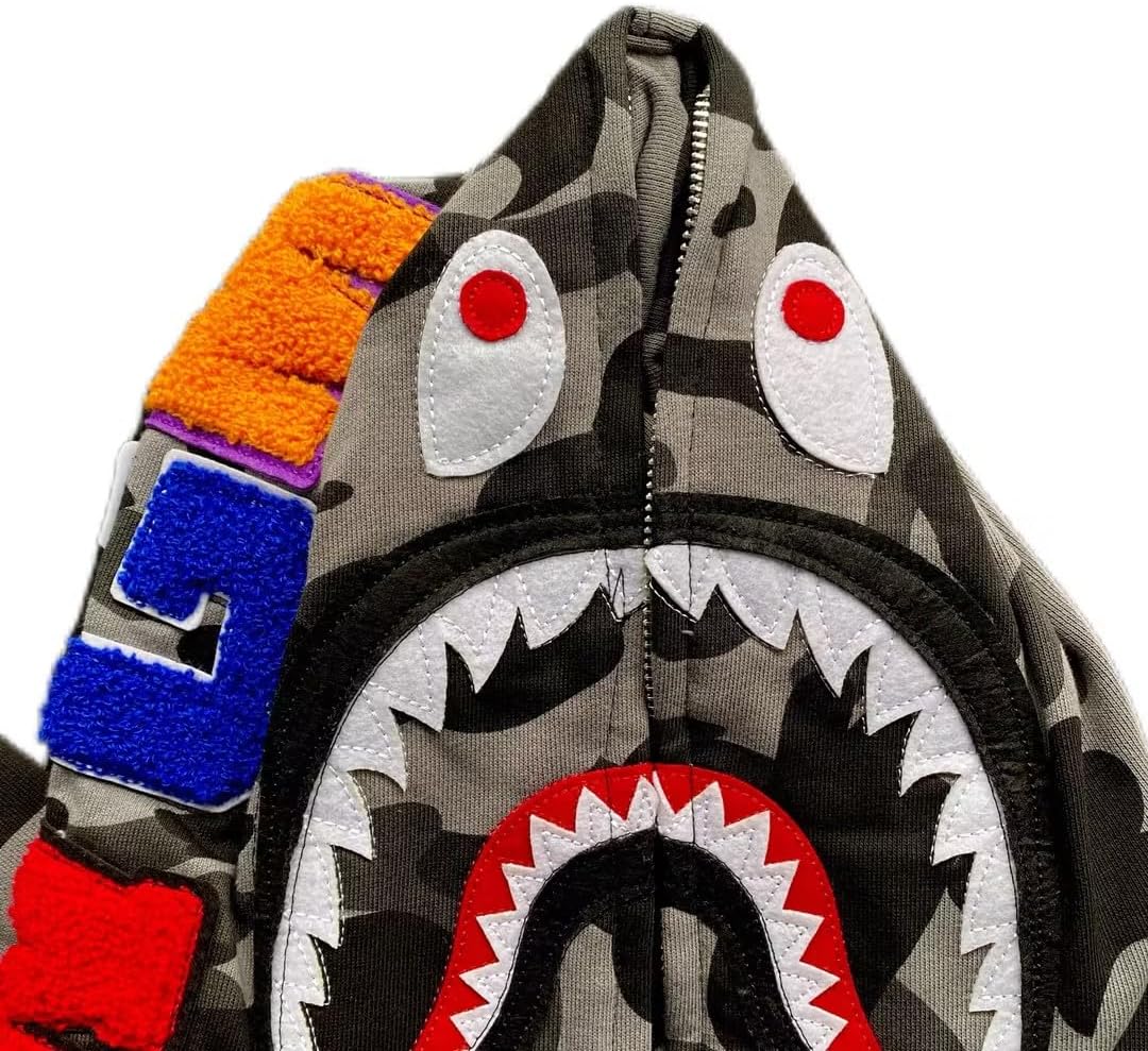 Unisex Shark Embroidery Y2k Zip Up Hoodie Couple Sweatshirts Jacket Asian Size