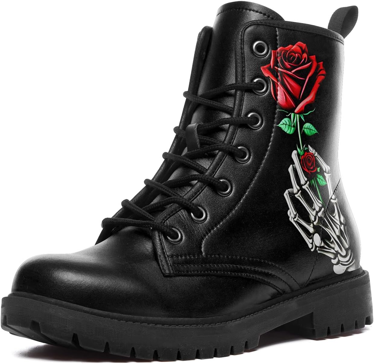 Skull Black Leather Combat Boots Women Mens Motorcycle Boots