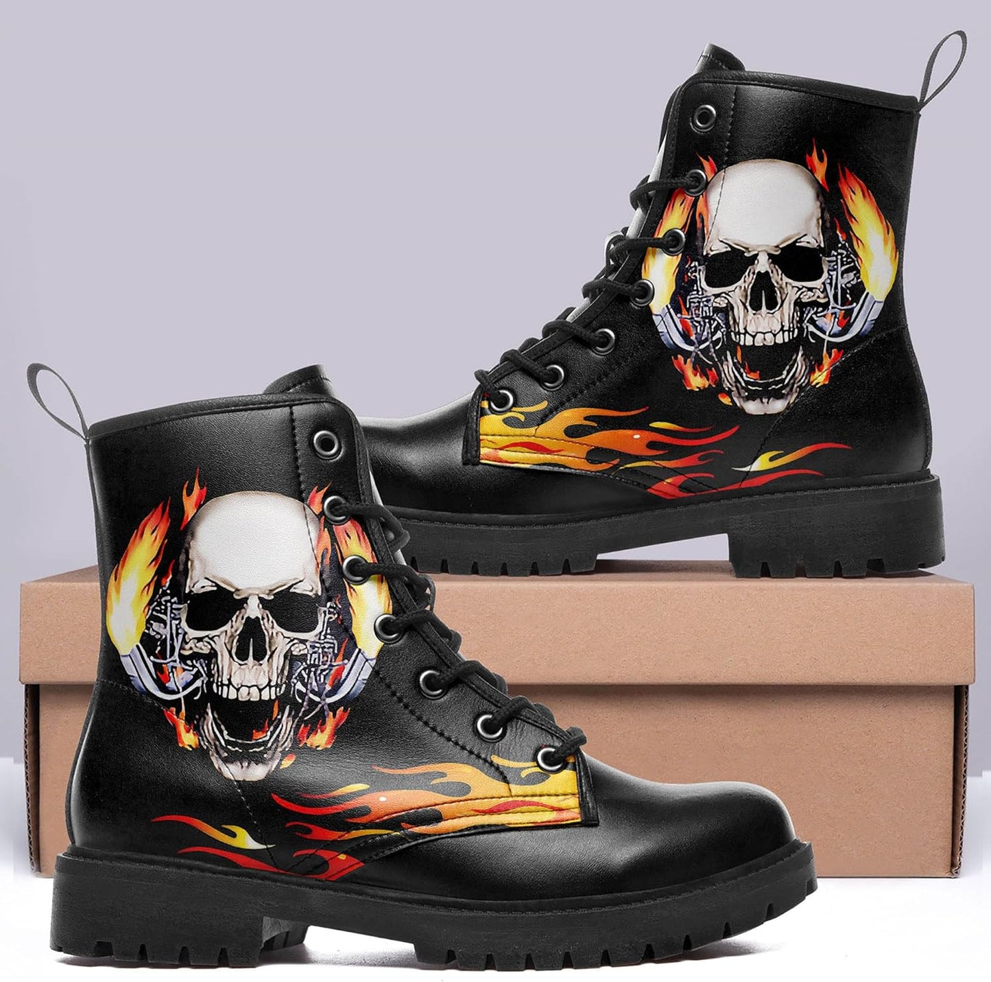 Skull Black Leather Combat Boots Women Mens Motorcycle Boots