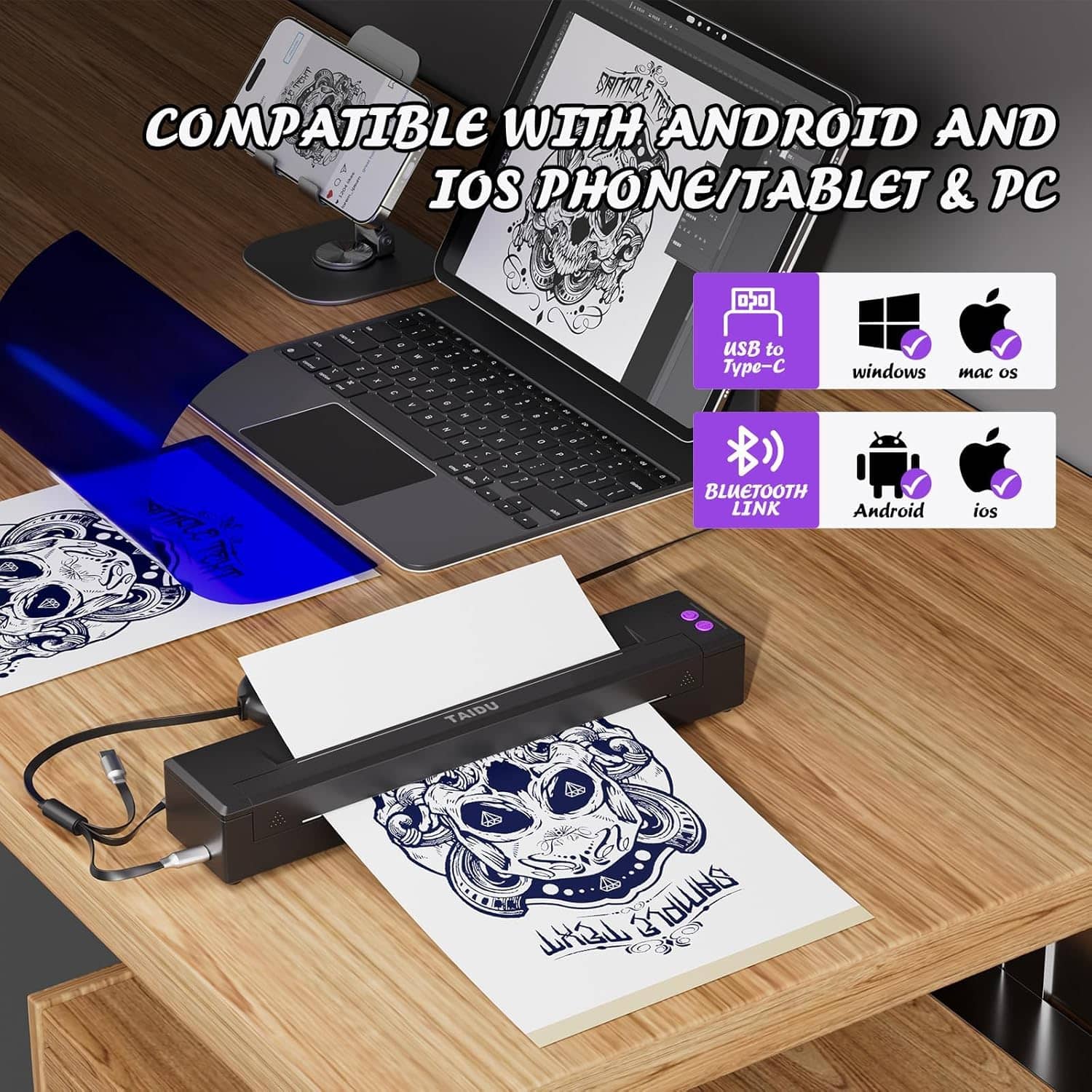 Portable Mini Inkless A4 Tattoo Thermal Printer, iOS/Android/PC - Colorsprinter
