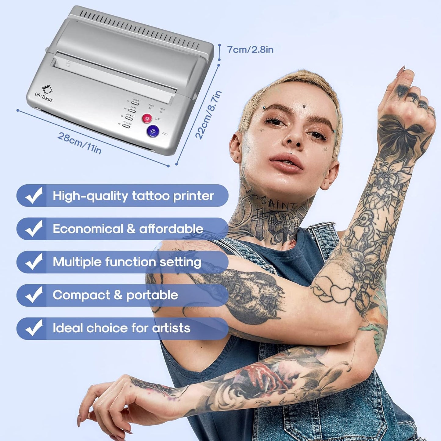 LifeBasis Tattoo Stencil Transfer Machine Professional Thermal Stencil Printer for Men and Women with 20pcs Tattoo Stencil Transfer Paper Silver