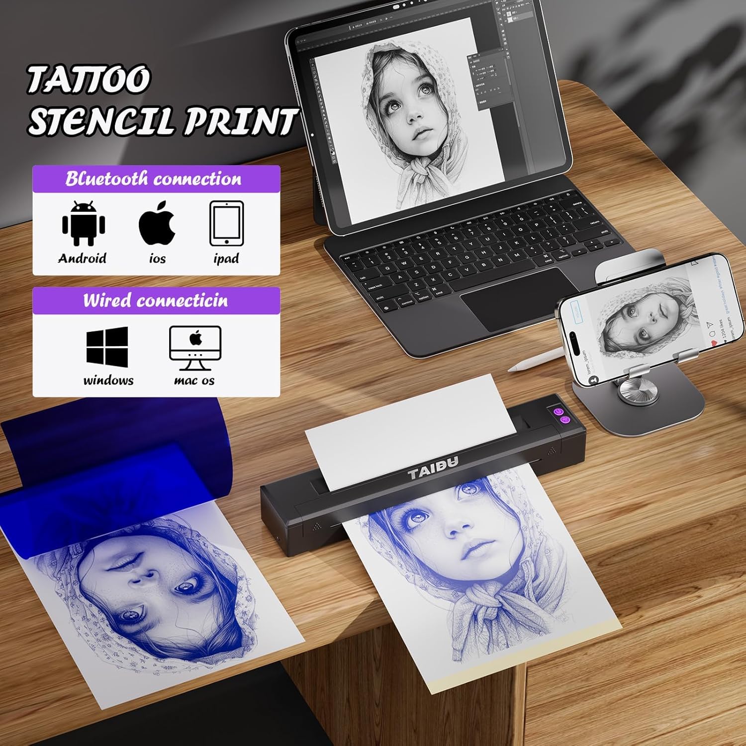 Portable Mini Inkless A4 Tattoo Thermal Printer, iOS/Android/PC - Colorsprinter