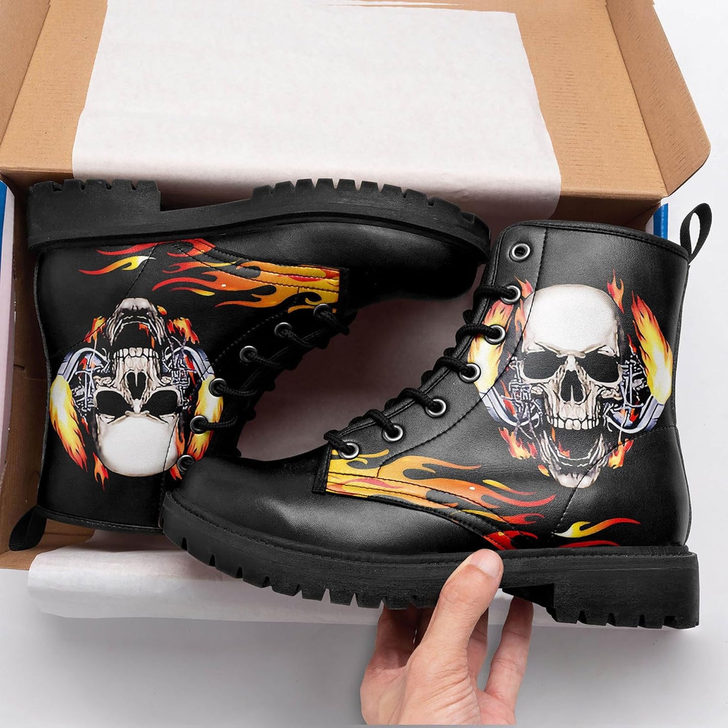 Skull Black Leather Combat Boots Women Mens Motorcycle Boots