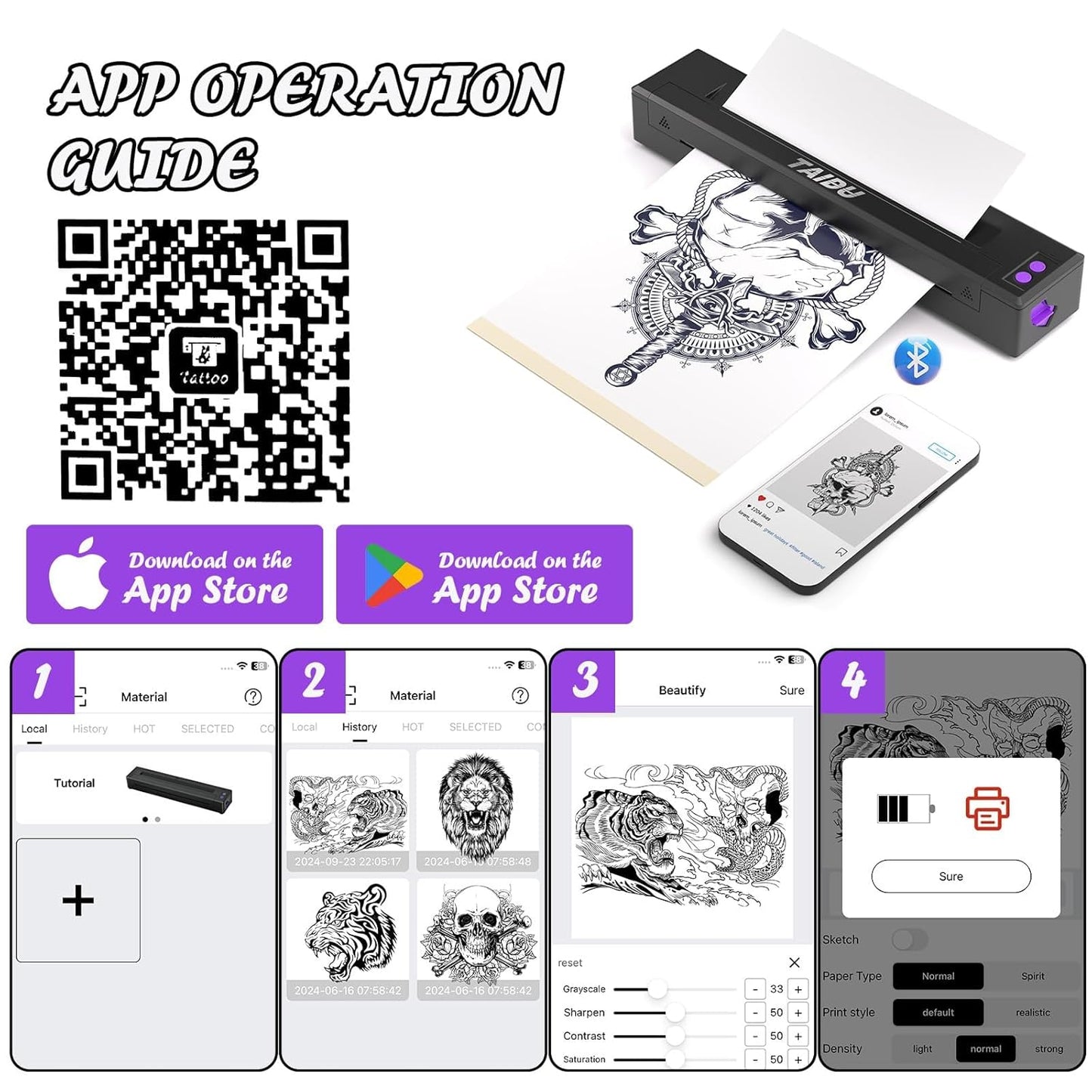 Portable Mini Inkless A4 Tattoo Thermal Printer, iOS/Android/PC