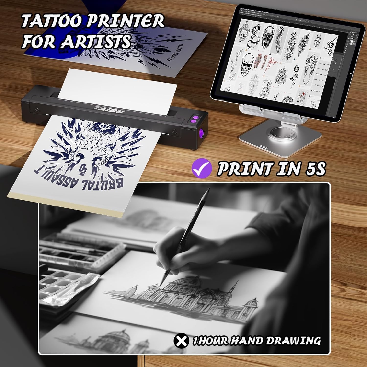 Portable Mini Inkless A4 Tattoo Thermal Printer, iOS/Android/PC - Colorsprinter