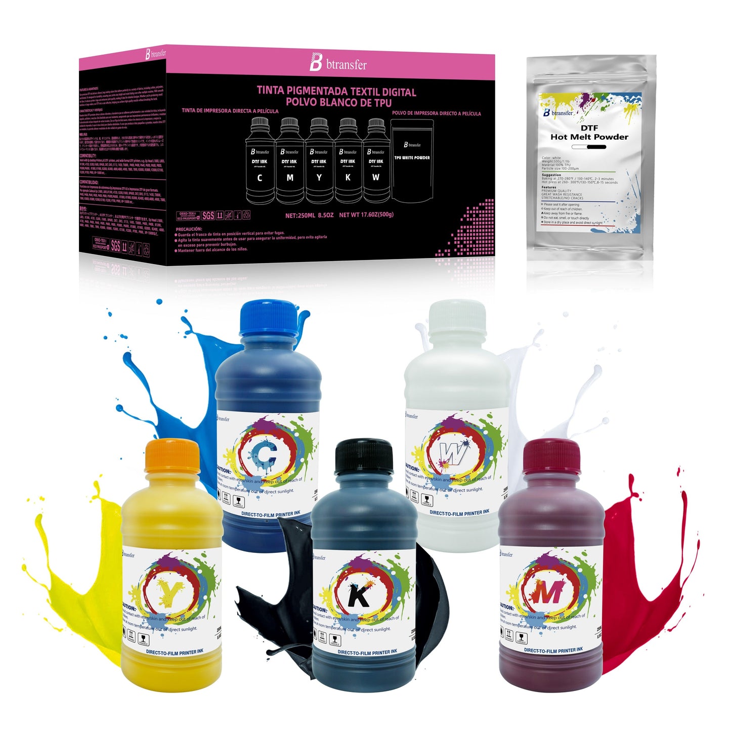 Btransfer DTF Ink 250ml CMYKW With DTF Powder 500g Kit