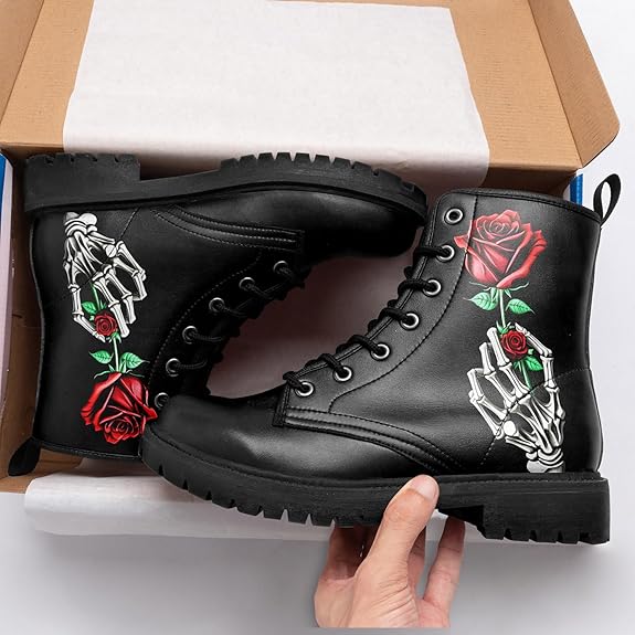 Forever Love Skull Hand Rose Leather Motorcycle Hunting Boots Shoes - Colorsprinter