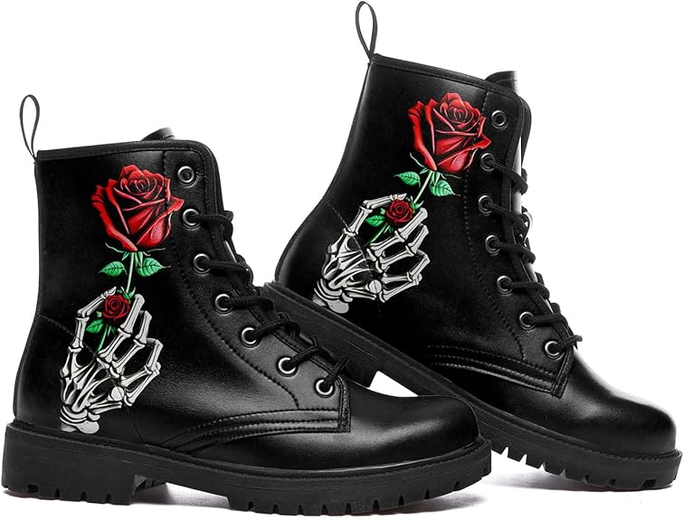 Forever Love Skull Hand Rose Leather Motorcycle Hunting Boots Shoes - Colorsprinter