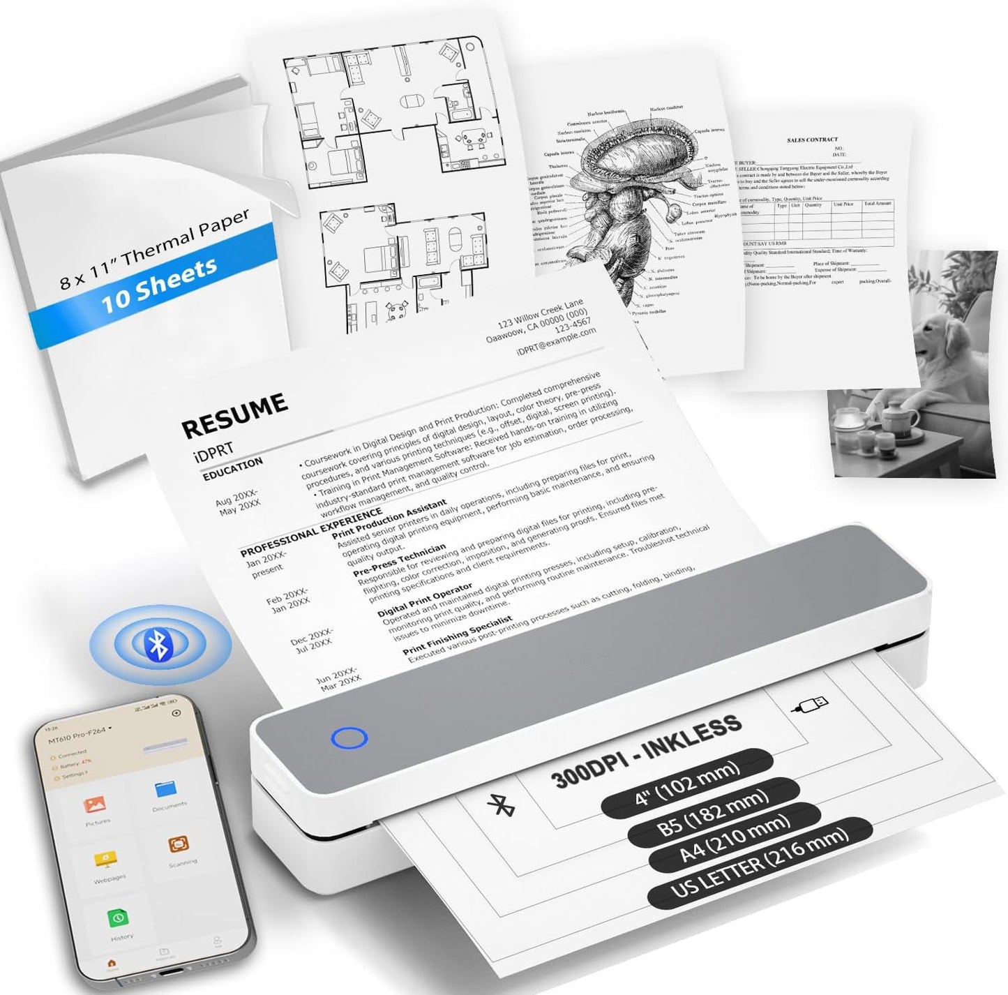 Portable Wireless Mobile A4 Mini Thermal Printer White