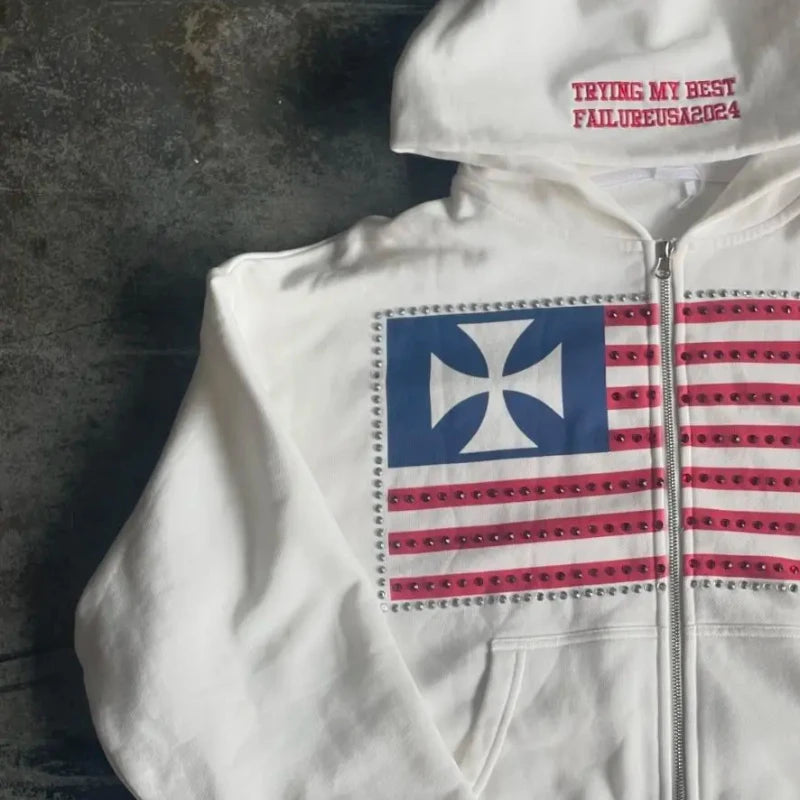 Women Y2k Zip Up Hoodie Sweatshirt Vintage Flag Jacket Streetwear