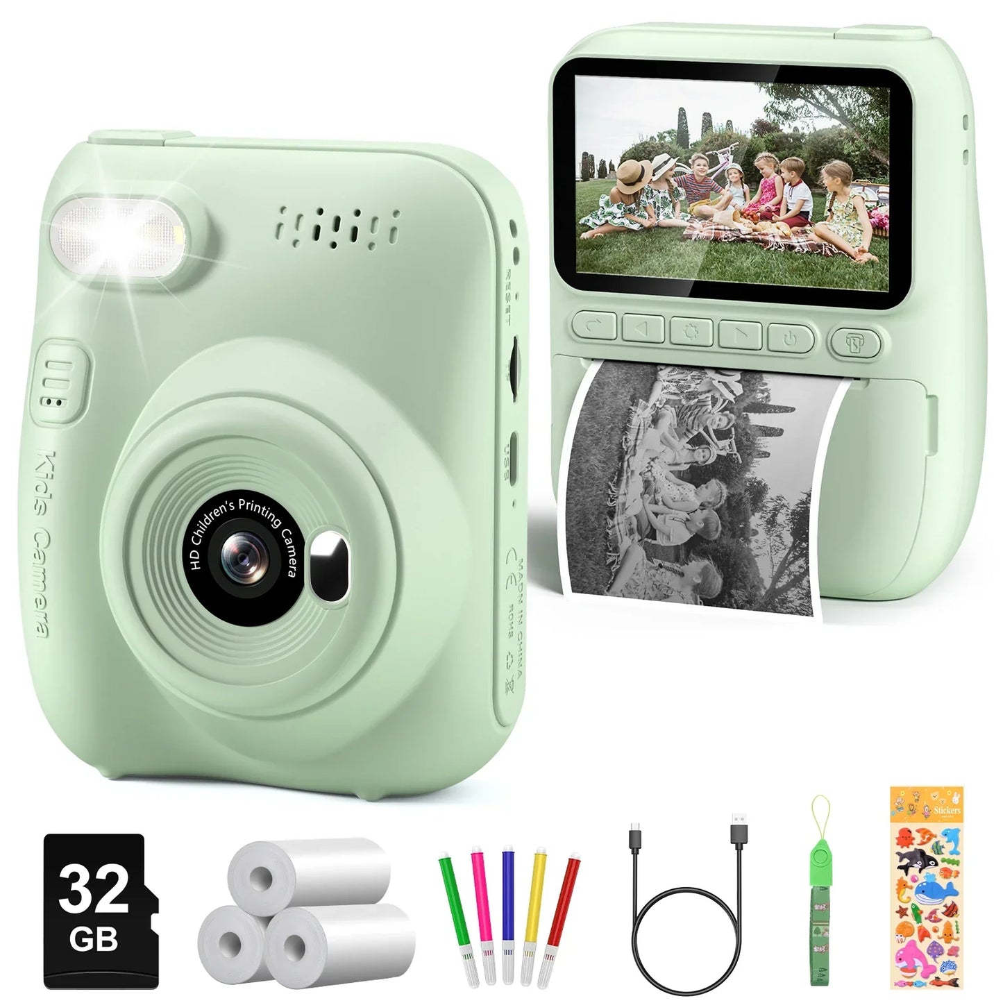 3.0" Instant Print Camera For Kids Printer 1080p Camera Toy Gift Green