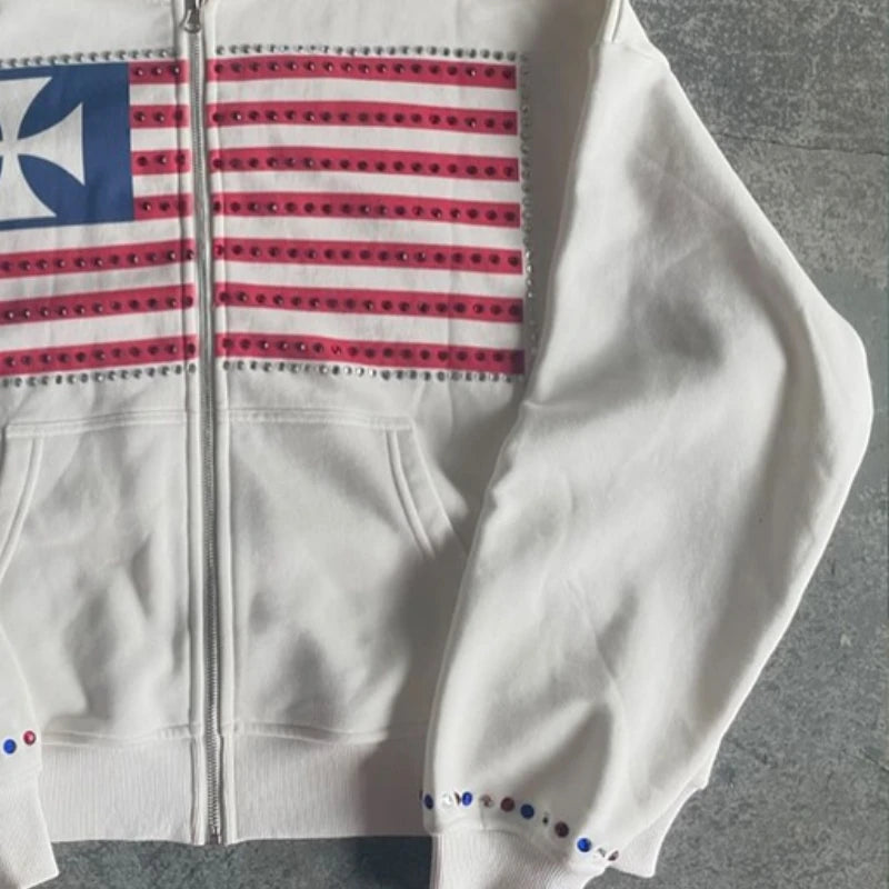 Women Y2k Zip Up Hoodie Sweatshirt Vintage Flag Jacket Streetwear