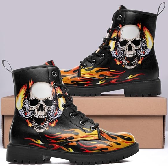 Skull Black Leather Combat Boots Women Mens Motorcycle Boots