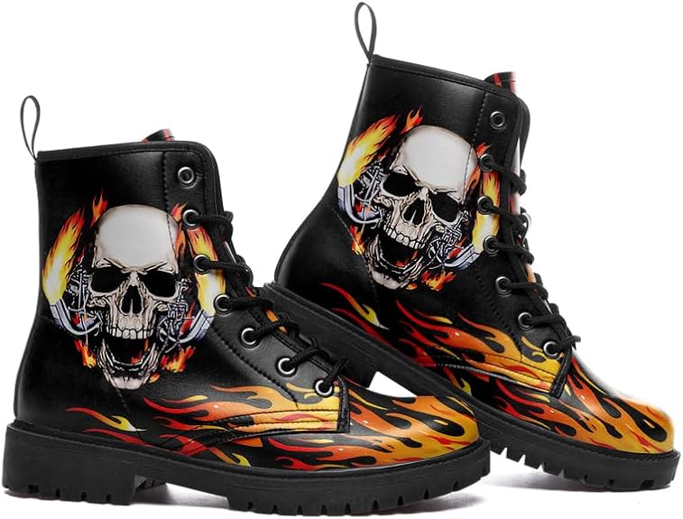 Skull Black Leather Combat Boots Women Mens Motorcycle Boots