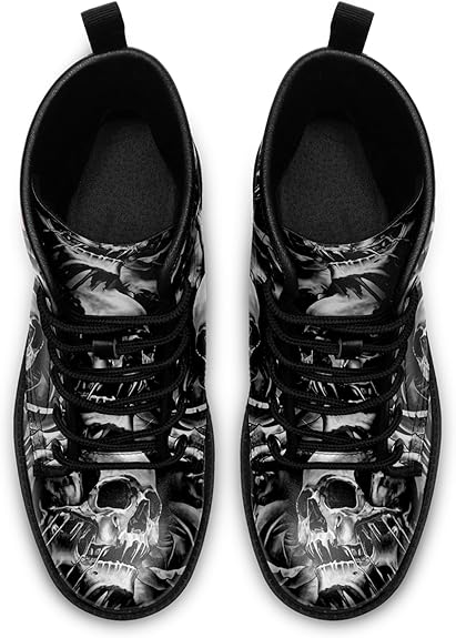 Unisex Skull Black Ankle Boots Motorcycle Hunting Leather Boots Shoes