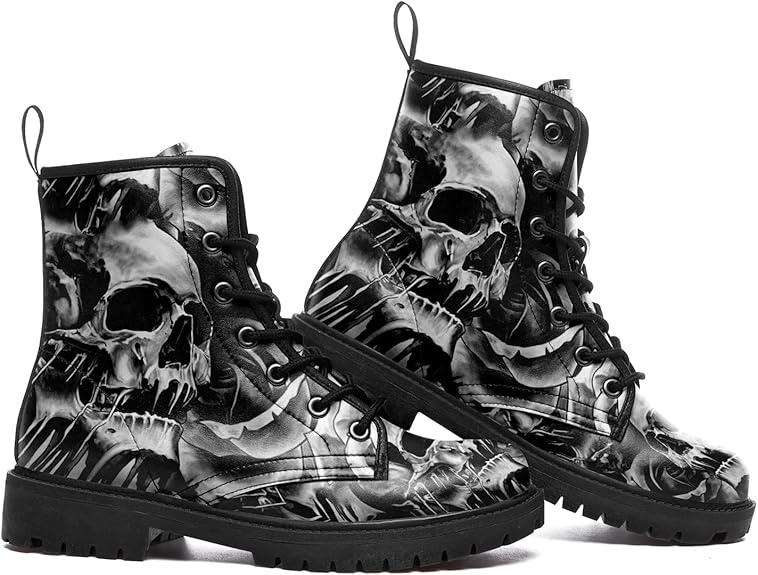 Unisex Skull Black Ankle Boots Motorcycle Hunting Leather Boots Shoes - Colorsprinter