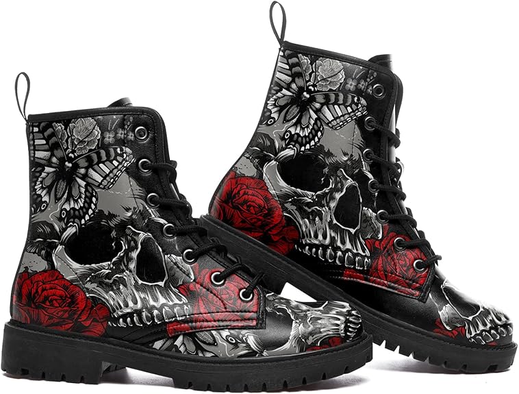 Skull Rose Women Military Motorcycle Hunting Black Leather Boots Shoes - Colorsprinter