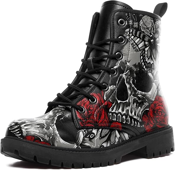 Skull Rose Women Military Motorcycle Hunting Black Leather Boots Shoes - Colorsprinter
