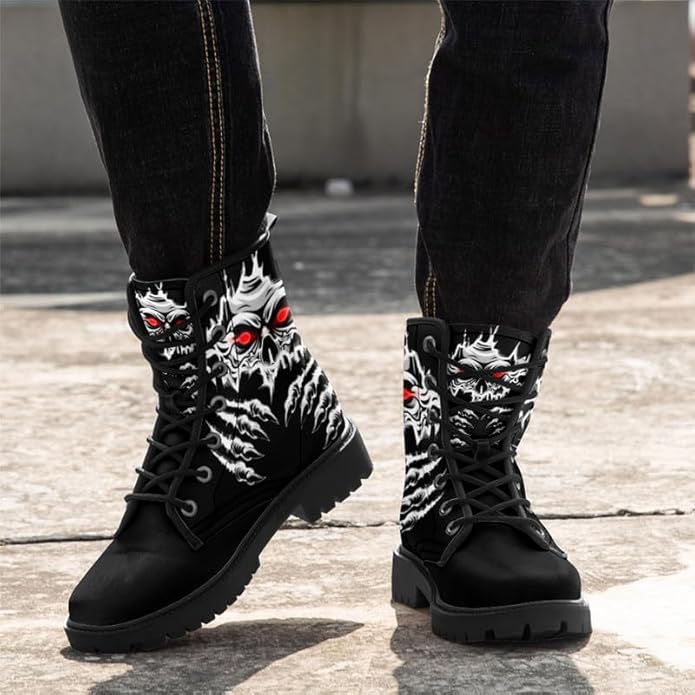 Skull Paw Rock Ankle Leather Combat Boots Motorcycle Boots Black Shoes