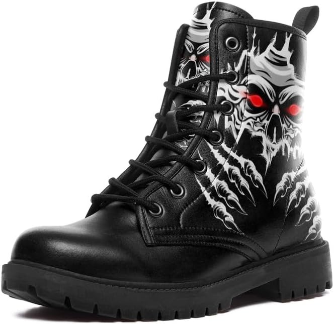 Skull Paw Rock Ankle Leather Combat Boots Motorcycle Boots Black Shoes