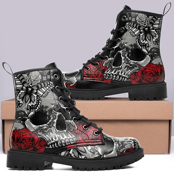 Rose Skull Black Leather Mens Women Platform Hiking Riding Boots