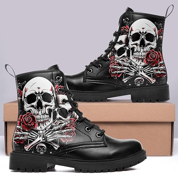 Rose Skull Black Leather Mens Women Platform Hiking Riding Boots