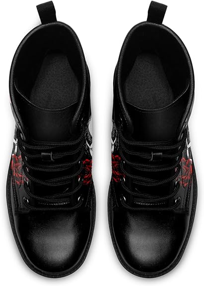 Rose Skull Black Leather Mens Women Platform Hiking Riding Boots