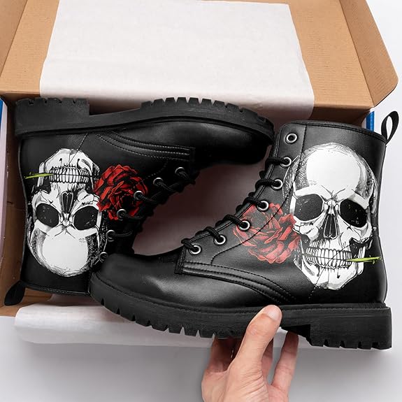 Rose Skull Black Leather Mens Women Platform Hiking Riding Boots