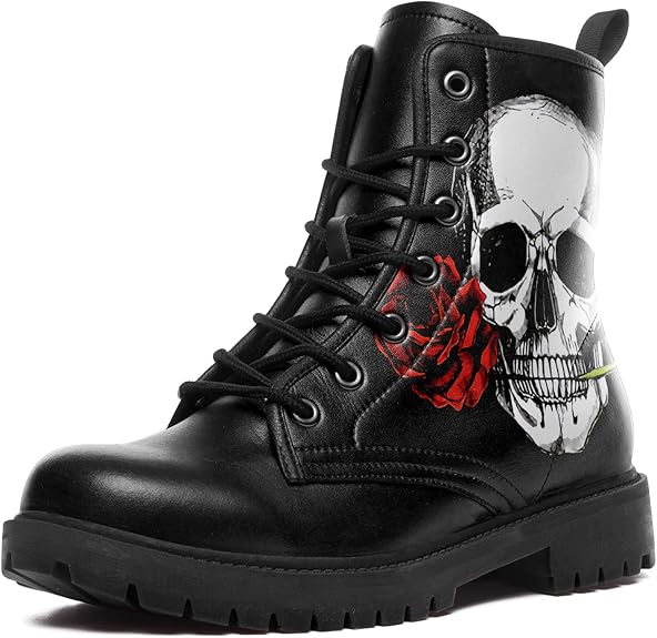 Rose Skull Black Leather Mens Women Platform Hiking Riding Boots