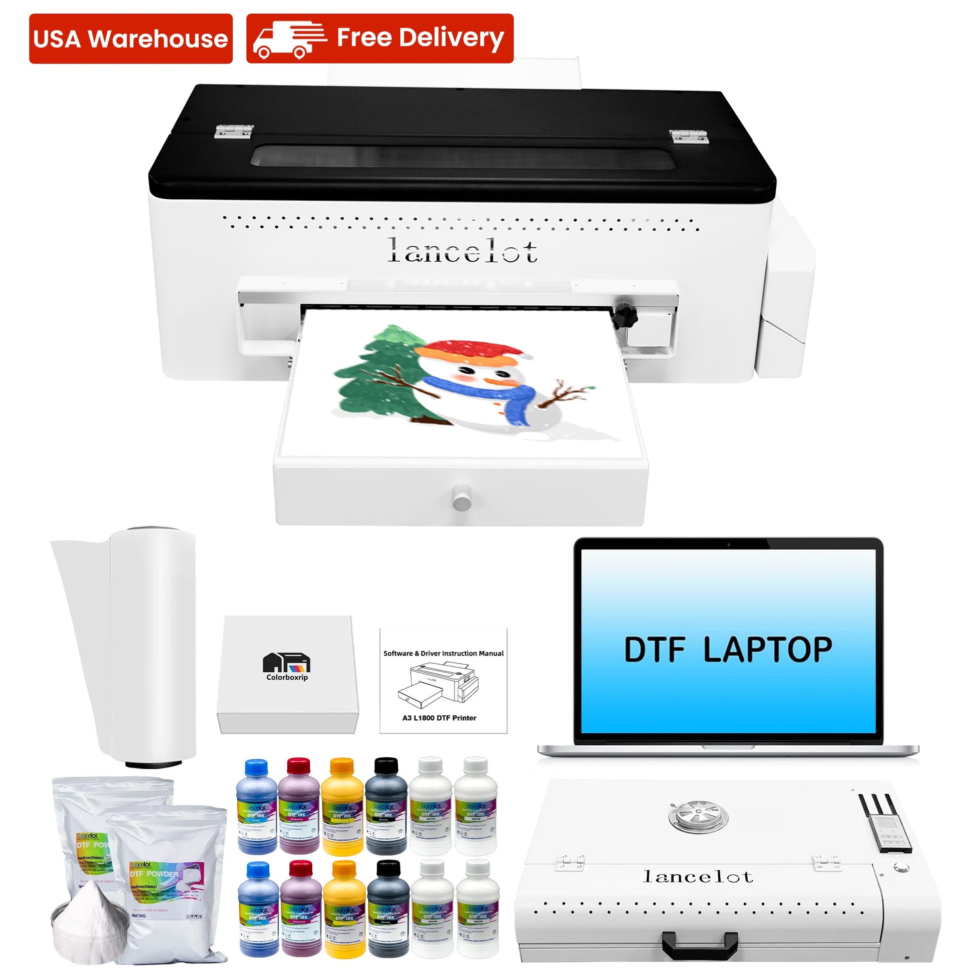 DTF printing kit with printer, ink bottles, and laptop on a white background