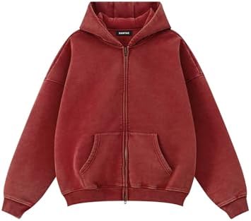 Oversized Fleece Winter Hoodie Vintage Acid Wash Heavyweight Full Zip Red