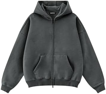 Oversized Fleece Winter Hoodie Vintage Acid Wash Heavyweight Full Zip Drak Grey