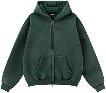 Oversized Fleece Winter Hoodie Vintage Acid Wash Heavyweight Full Zip Green