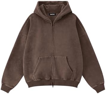 Oversized Fleece Winter Hoodie Vintage Acid Wash Heavyweight Full Zip Brown