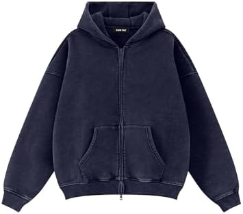 Oversized Fleece Winter Hoodie Vintage Acid Wash Heavyweight Full Zip Navy Blue